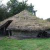 A reconstruction of a Bronze Age roundhouse. It is a circular house with wattle-and-daub walls (a mixture of twigs, earth and clay) and a thatched roof.