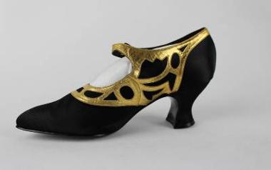 Black silk and gold leather bar shoe